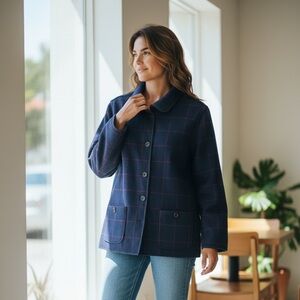 Vintage TABI 90’s Red Reversible Navy Blue Gingham Casual Wool Lightweight Coat